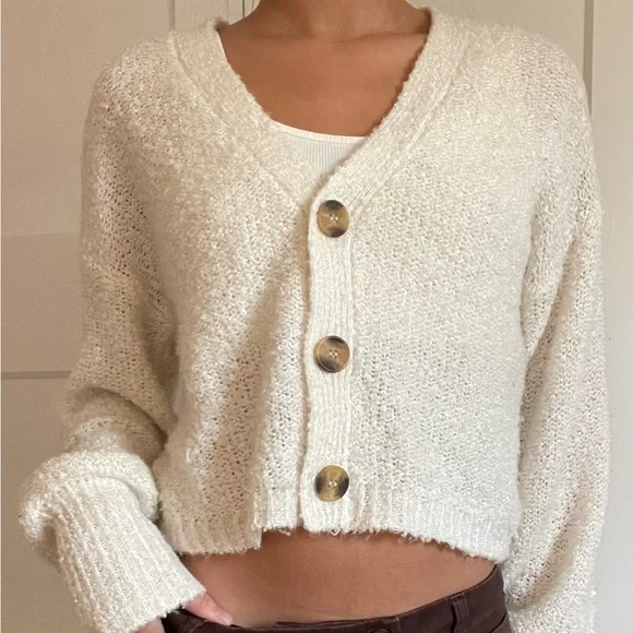 Hooked Up by IOT Cream Cardigan with Fuzzy Texture - Picture 2 of 3